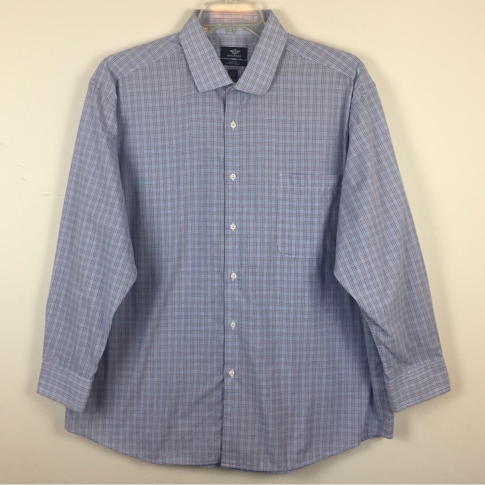 Dockers Classic Stretch Collar Plaid Button Down Shirt Blue Long Sleeve XL 17